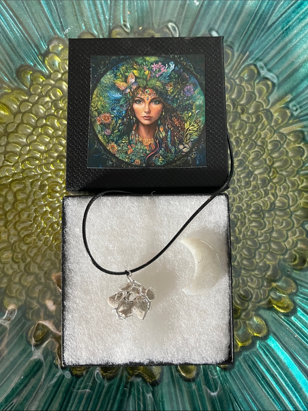 Silver Tone Caged Hagstone Pendant Necklace in Black Cord with Crystal Moon